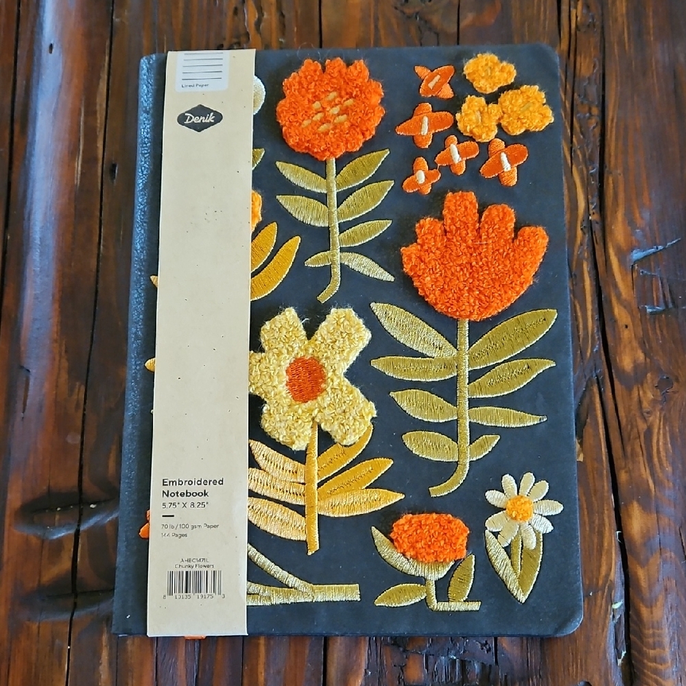 Denik Embroidered Notebook - Black with Orange and Yellow Floral Design NWT